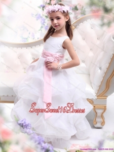 Beautiful Scoop White Little Girl Pageant Dress with Sash and Ruffles