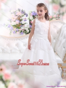 Beautiful White Scoop Flower Girl Dress with Appliques
