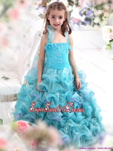 Beautiful Straps Appliques and Ruffled Layers Pageant Dresses for Kids in Aque Blue
