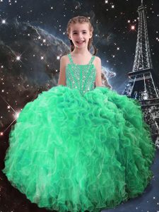 Floor Length Lace Up Kids Pageant Dress Apple Green for Quinceanera and Wedding Party with Beading and Ruffles
