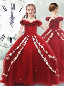 Inexpensive Wine Red Tulle Lace Up Little Girl Pageant Dress Sleeveless Brush Train Appliques