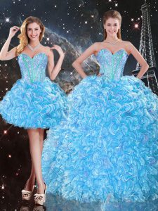 Top Selling Floor Length Three Pieces Sleeveless Baby Blue Ball Gown Prom Dress Lace Up