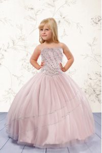 Hot Sale Baby Pink Ball Gowns Beading Kids Formal Wear Lace Up Tulle Sleeveless Floor Length