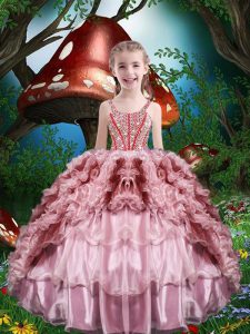 Lovely Straps Sleeveless Organza Little Girl Pageant Dress Beading and Ruffles and Ruffled Layers Lace Up