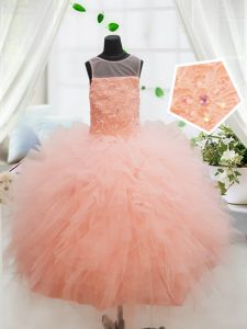 Enchanting Ball Gowns Little Girls Pageant Dress Peach Scoop Tulle Sleeveless Floor Length Zipper