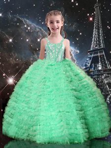 Floor Length Apple Green Little Girls Pageant Gowns Tulle Sleeveless Beading and Ruffled Layers