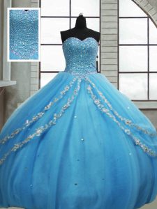 Unique Sweetheart Sleeveless 15 Quinceanera Dress Floor Length Beading and Appliques and Sequins Baby Blue Tulle