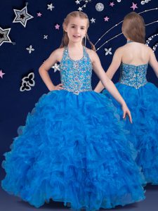 Baby Blue Organza Zipper Halter Top Sleeveless Floor Length Little Girl Pageant Dress Beading and Ruffles