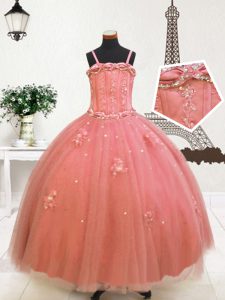 Ball Gowns Little Girls Pageant Dress Wholesale Watermelon Red Spaghetti Straps Tulle Sleeveless Floor Length Zipper