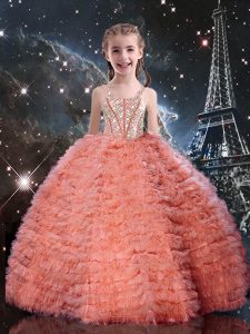 Watermelon Red Sleeveless Beading and Ruffled Layers Floor Length Little Girls Pageant Gowns