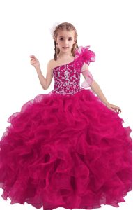 Stylish Floor Length Fuchsia Pageant Gowns For Girls One Shoulder Sleeveless Lace Up