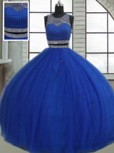 Scoop Sleeveless Quince Ball Gowns Floor Length Beading and Sequins Royal Blue Tulle