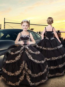 Top Selling Black Sleeveless Embroidery and Ruffled Layers Floor Length Child Pageant Dress
