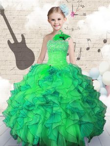 Custom Designed One Shoulder Sleeveless Organza Floor Length Lace Up Little Girl Pageant Dress in Green with Beading and Ruffles