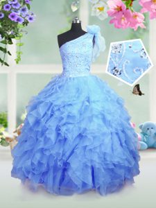 Top Selling One Shoulder Sleeveless Organza Little Girls Pageant Gowns Beading and Ruffles Lace Up