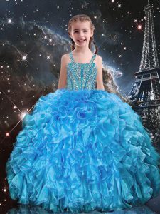 Baby Blue Organza Lace Up Straps Sleeveless Floor Length Kids Pageant Dress Beading and Ruffles