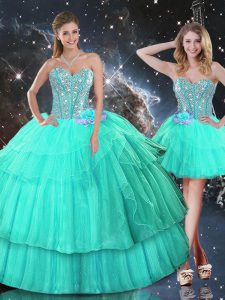 Turquoise Ball Gowns Sweetheart Sleeveless Organza Floor Length Lace Up Ruffled Layers and Sequins Quince Ball Gowns