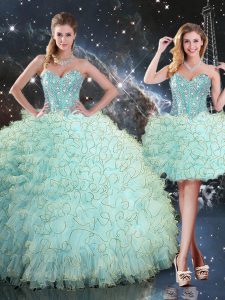 Edgy Turquoise Lace Up Sweet 16 Quinceanera Dress Beading and Ruffles Sleeveless Floor Length