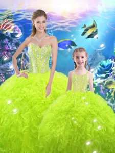 Unique Ball Gowns 15th Birthday Dress Yellow Green Sweetheart Organza Sleeveless Floor Length Lace Up