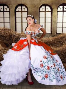 Glittering Sleeveless Floor Length Embroidery and Ruffled Layers Lace Up Quinceanera Gowns with Multi-color