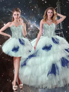 Nice Blue And White Sweetheart Lace Up Beading and Ruffled Layers and Sequins Sweet 16 Dresses Sleeveless