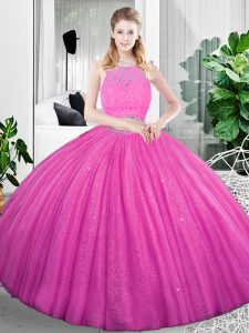 Sleeveless Organza Floor Length Zipper 15 Quinceanera Dress in Fuchsia with Lace and Ruching