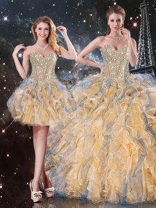 Dramatic Gold Lace Up Quince Ball Gowns Beading and Ruffles Sleeveless Floor Length