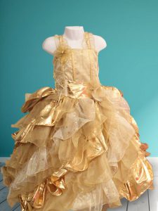 Amazing Straps Floor Length Gold Pageant Gowns For Girls Organza Sleeveless Ruffles and Sequins and Hand Made Flower