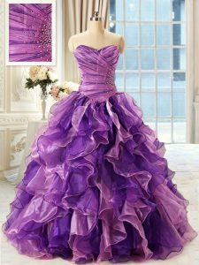Fitting Eggplant Purple Sleeveless Beading and Ruffles Floor Length Ball Gown Prom Dress