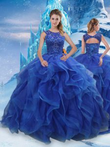 Edgy Floor Length Blue 15 Quinceanera Dress Scoop Sleeveless Lace Up