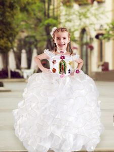 Cap Sleeves Floor Length Lace Up Little Girls Pageant Dress White for Quinceanera and Wedding Party with Beading and Appliques and Ruffles