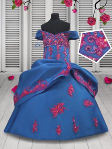 Blue Lace Up Off The Shoulder Beading and Appliques and Pick Ups Little Girls Pageant Gowns Taffeta Sleeveless