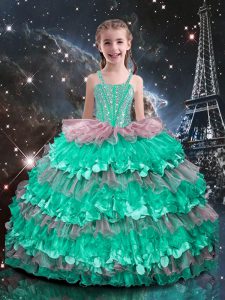 Turquoise Sleeveless Organza Lace Up Child Pageant Dress for Quinceanera and Wedding Party