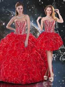 Beautiful Wine Red Sleeveless Organza Lace Up 15 Quinceanera Dress for Military Ball and Sweet 16 and Quinceanera
