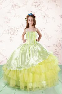 Lace and Ruffled Layers Little Girls Pageant Dress Light Yellow Lace Up Sleeveless Floor Length