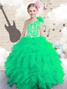 One Shoulder Sleeveless Organza Floor Length Lace Up Little Girl Pageant Gowns in with Embroidery and Ruffles
