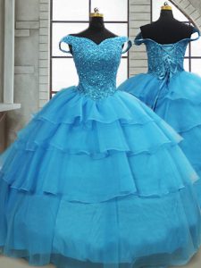 Organza Off The Shoulder Sleeveless Brush Train Lace Up Beading and Ruffled Layers Quinceanera Gown in Baby Blue