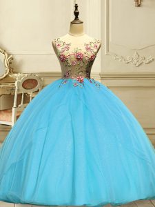 Cute Ball Gowns Sweet 16 Quinceanera Dress Baby Blue Scoop Organza Sleeveless Floor Length Lace Up