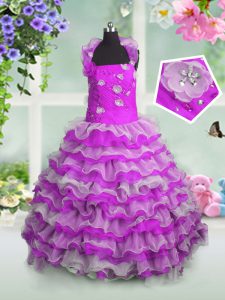 Beading and Appliques and Ruffled Layers Child Pageant Dress Fuchsia Lace Up Sleeveless Floor Length