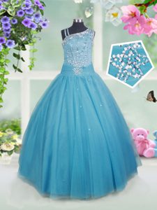 Gorgeous Teal Sleeveless Tulle Side Zipper Pageant Gowns For Girls for Party and Wedding Party