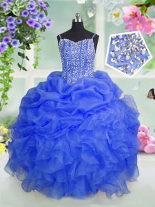 Elegant Beading and Ruffles and Pick Ups Little Girls Pageant Dress Baby Blue Lace Up Sleeveless Floor Length