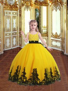 Gold Ball Gowns Tulle Spaghetti Straps Sleeveless Lace and Appliques Floor Length Zipper Little Girl Pageant Dress