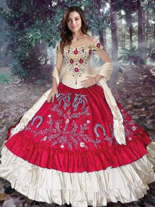 Exceptional Ball Gowns Vestidos de Quinceanera Red Off The Shoulder Taffeta Sleeveless Floor Length Lace Up