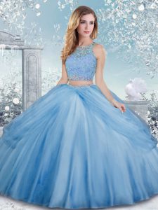Baby Blue Scoop Clasp Handle Beading Quinceanera Gowns Sleeveless