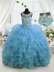 Baby Blue Lace Up Scoop Beading and Ruffled Layers Little Girls Pageant Dress Organza Sleeveless