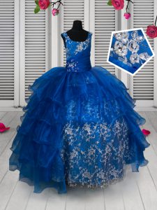 Trendy Scoop Floor Length Lace Up Kids Formal Wear Royal Blue for Quinceanera and Wedding Party with Beading and Lace and Ruffled Layers