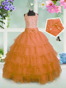 Ruffled Floor Length Ball Gowns Sleeveless Orange Girls Pageant Dresses Zipper