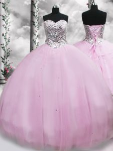 Lilac Sleeveless Brush Train Beading Quinceanera Gowns