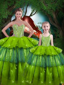 Best Selling Sleeveless Organza Floor Length Lace Up 15 Quinceanera Dress in Olive Green with Beading and Ruffled Layers