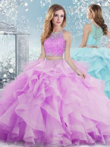 Admirable Lilac Ball Gowns Scoop Sleeveless Organza Floor Length Clasp Handle Beading and Ruffles Quinceanera Gowns